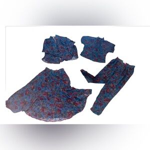 BONNIE BOYNTON 4 Piece Set Jacket Shirt Pants & Skirt Blue Burgundy Floral Small